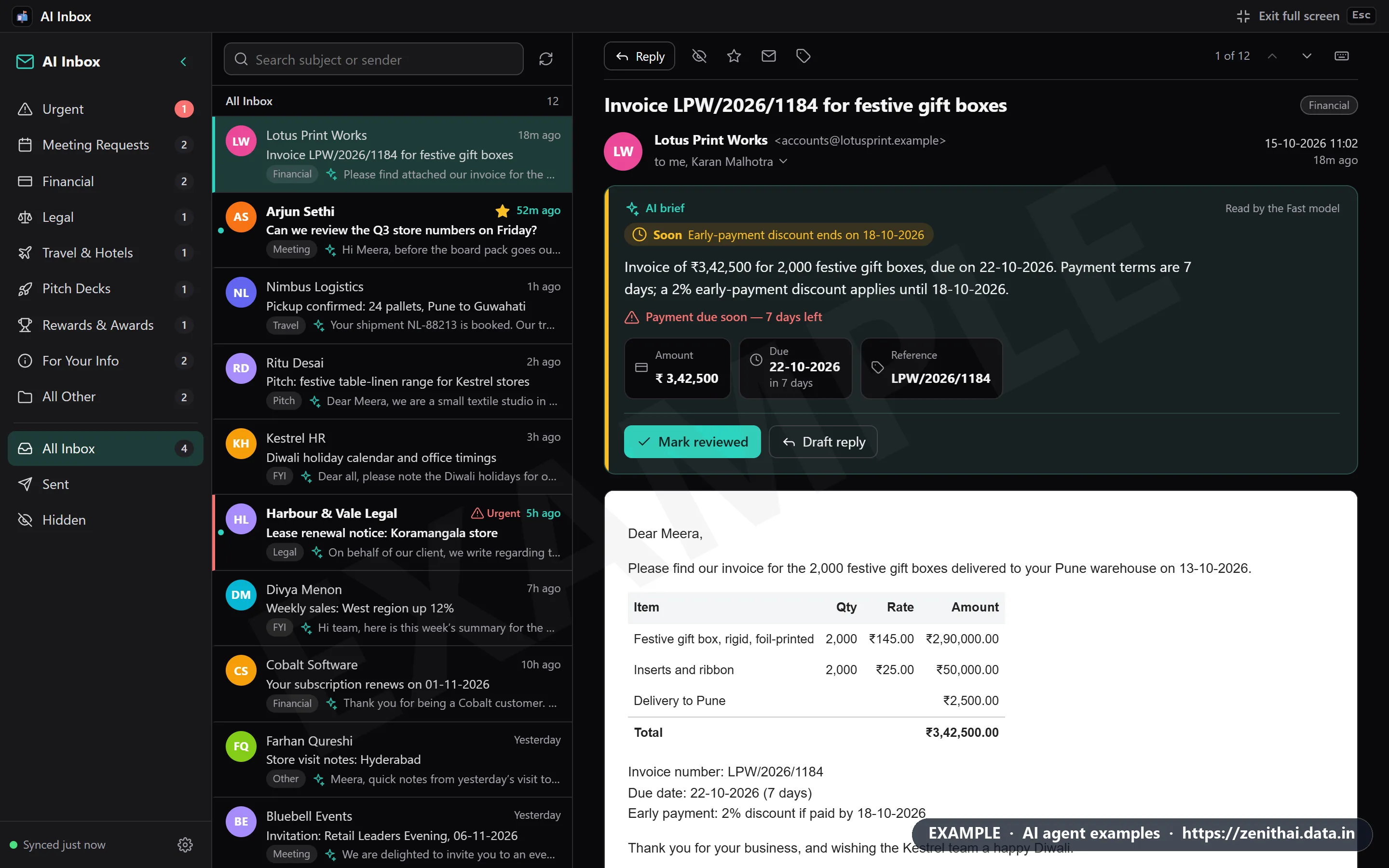 ZenithAI Agents page in full screen showing an agent's mail folders, message list and an invoice with its AI brief