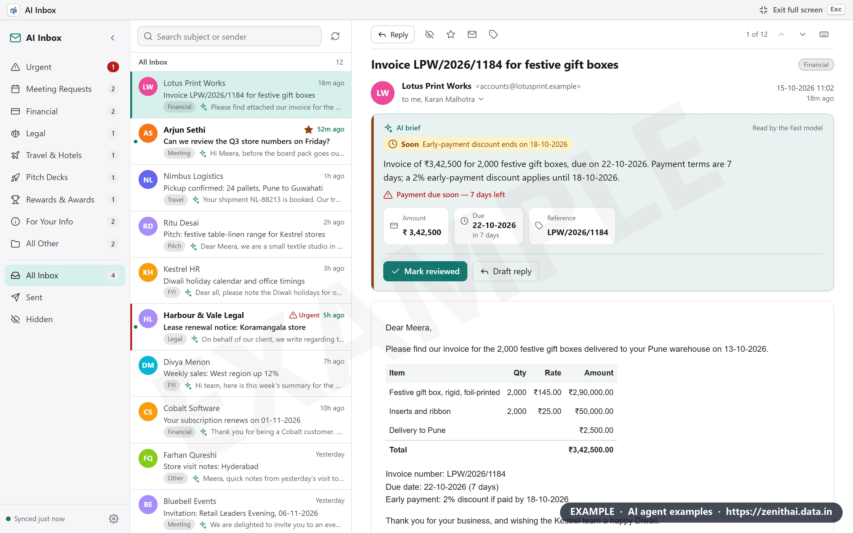 ZenithAI Agents page in full screen showing an agent's mail folders, message list and an invoice with its AI brief