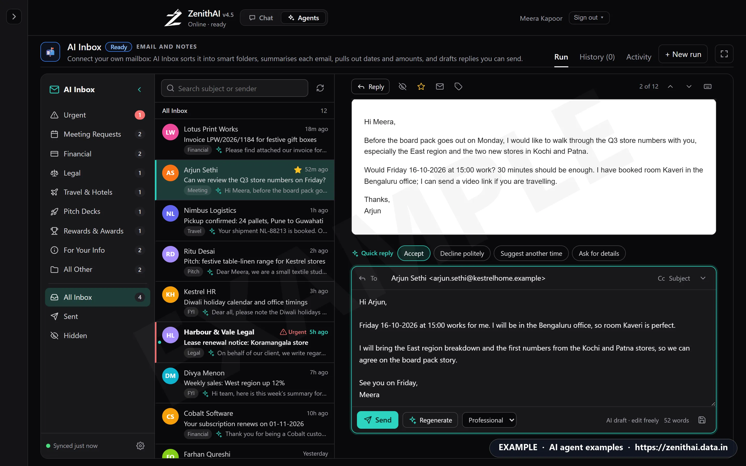 ZenithAI AI Inbox reply composer with quick-reply chips (Accept, Decline politely, Suggest another time) and an AI-drafted reply