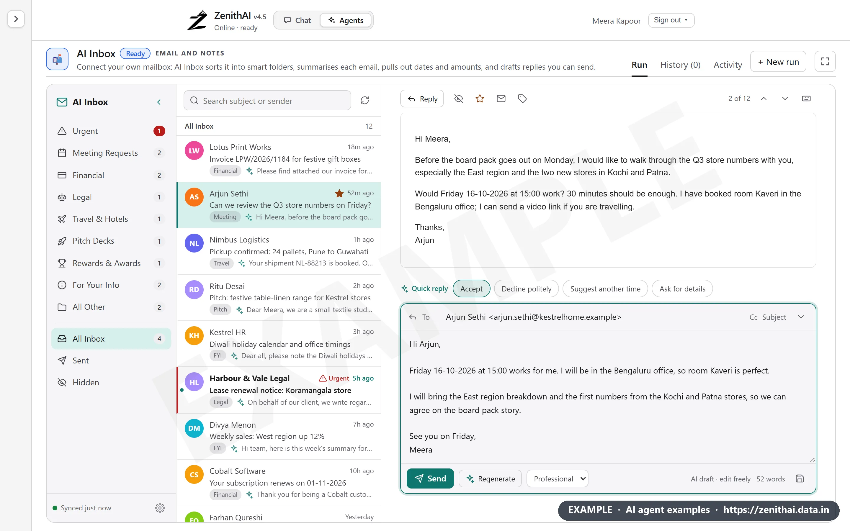 ZenithAI AI Inbox reply composer with quick-reply chips (Accept, Decline politely, Suggest another time) and an AI-drafted reply