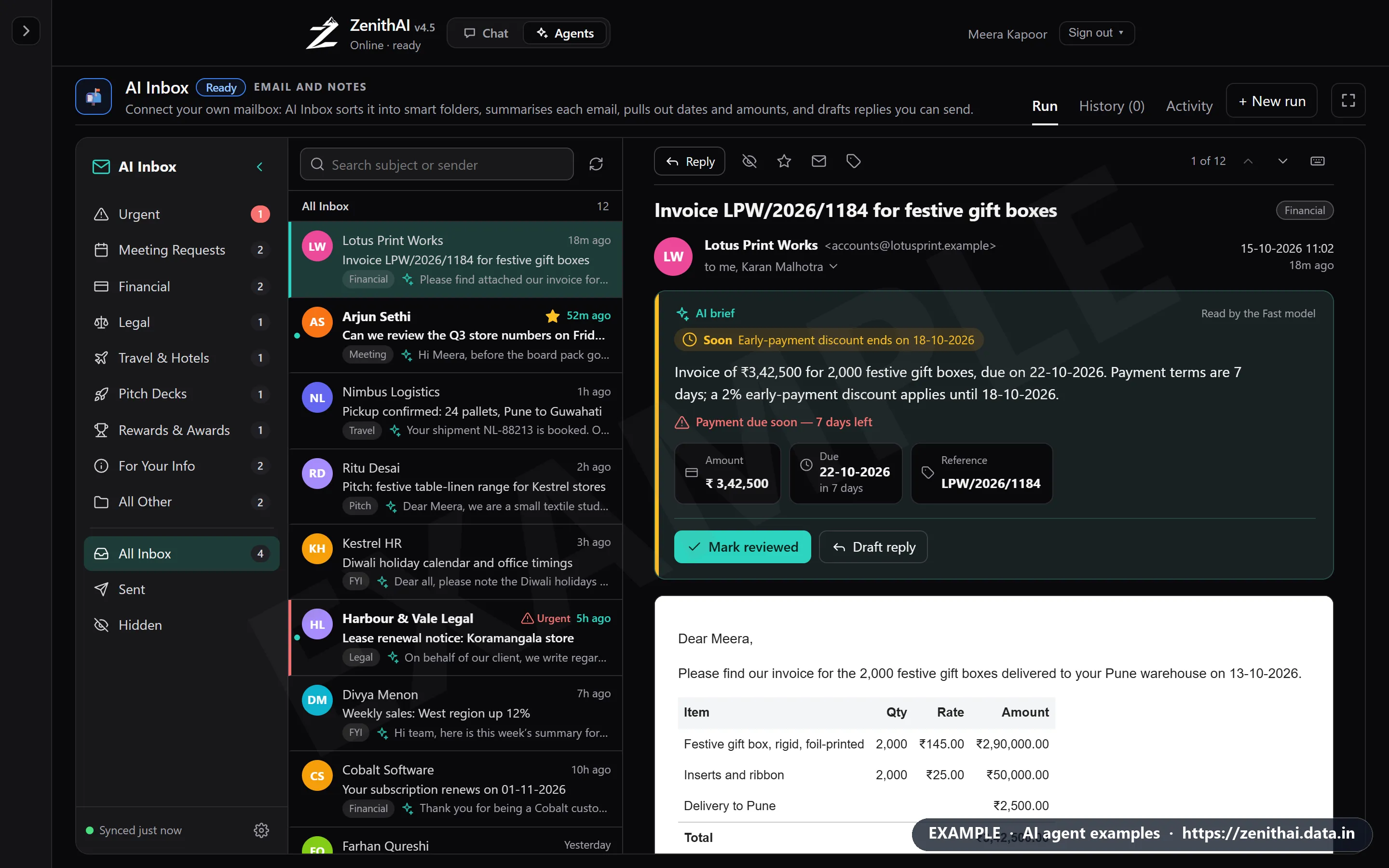 ZenithAI AI Inbox showing an invoice email with an AI brief card listing the amount, due date and reference, and a Mark reviewed button
