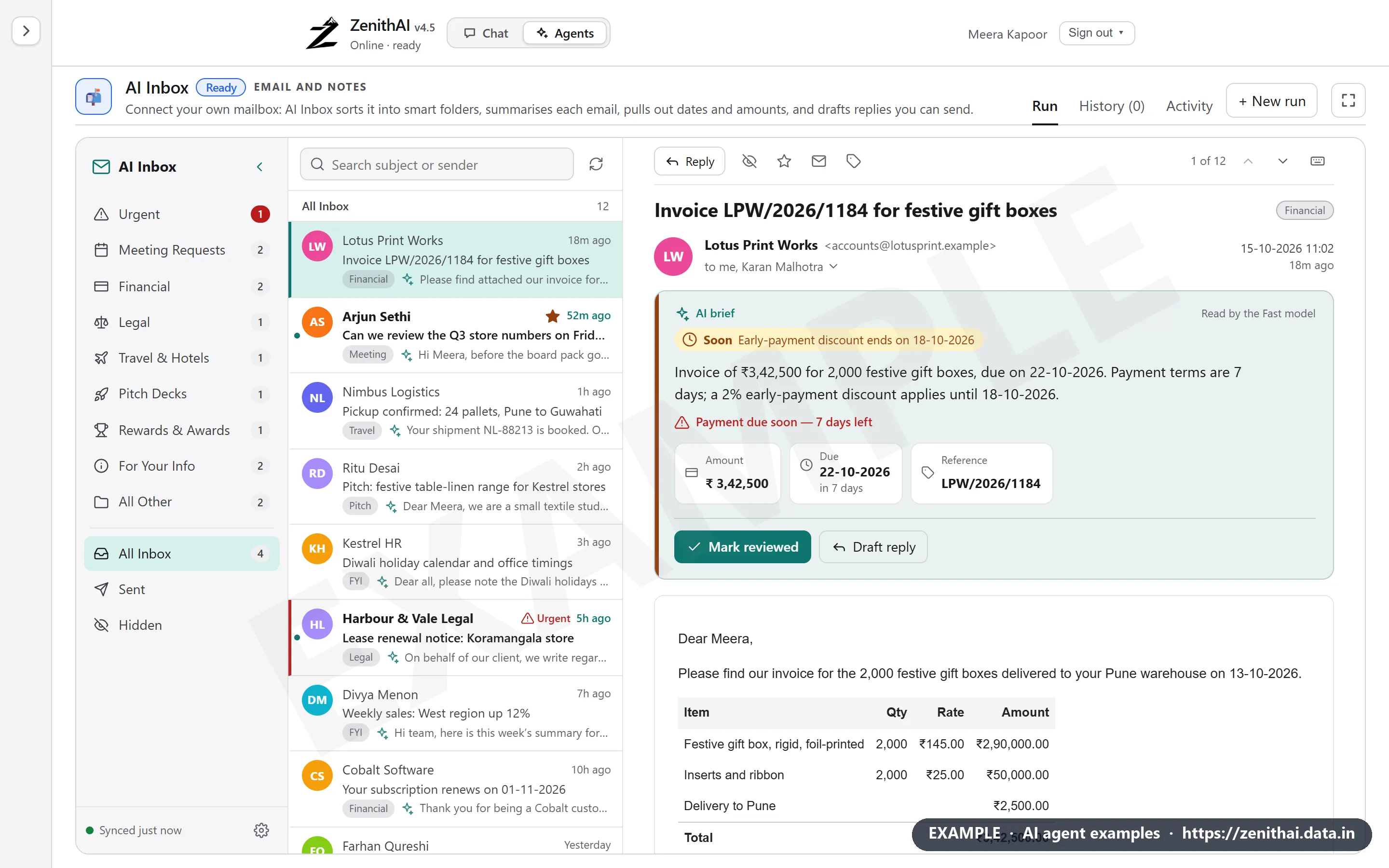 ZenithAI AI Inbox showing an invoice email with an AI brief card listing the amount, due date and reference, and a Mark reviewed button