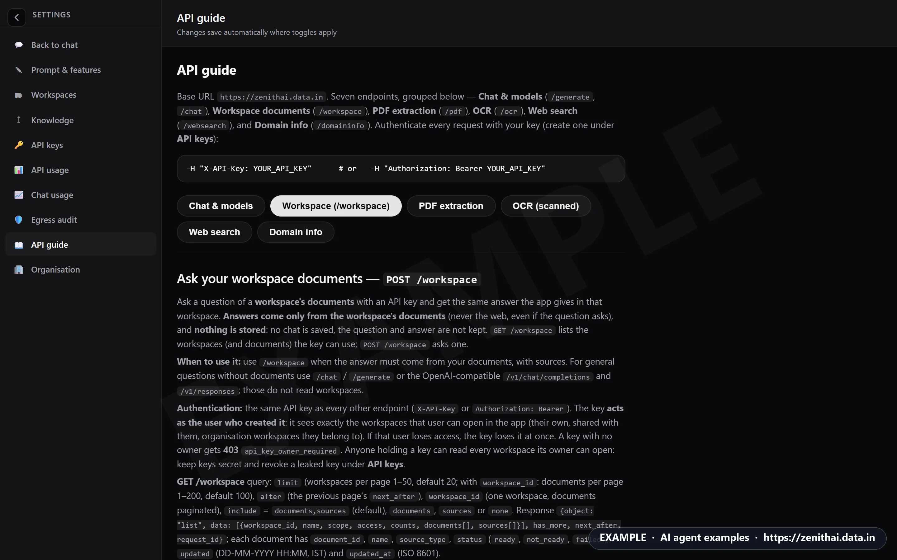 ZenithAI Settings showing the API guide's Workspace section with the base URL and a POST /workspace request