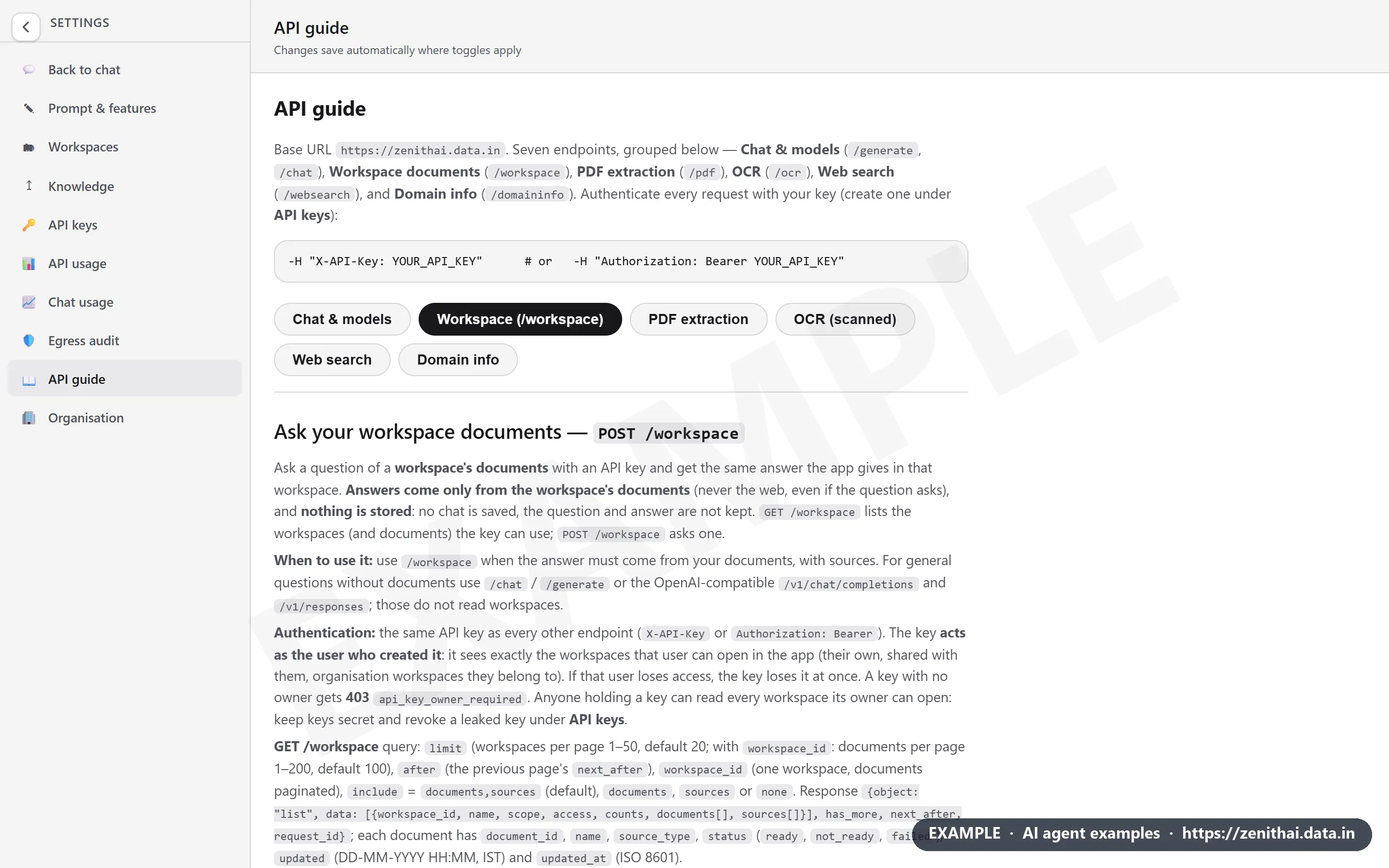 ZenithAI Settings showing the API guide's Workspace section with the base URL and a POST /workspace request