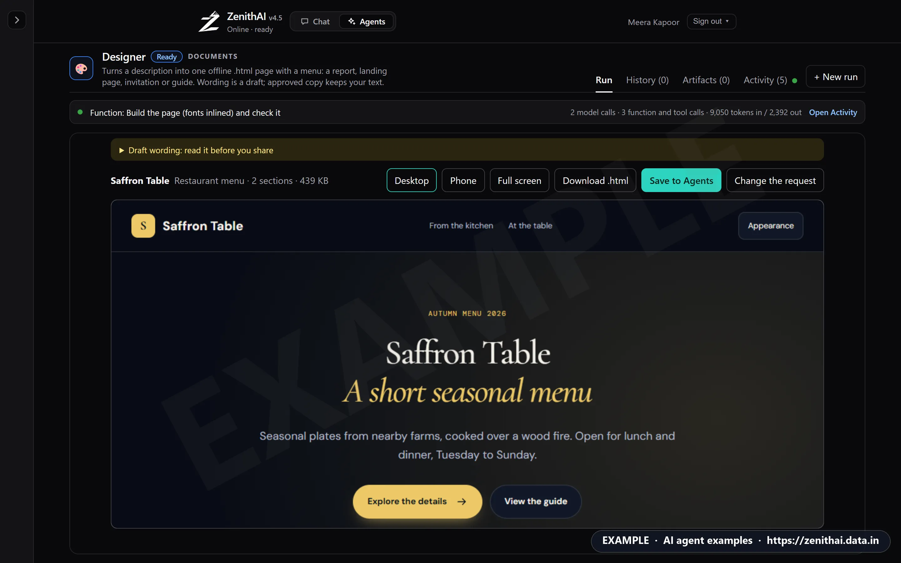 ZenithAI Designer showing a finished page for the restaurant Saffron Table, with Desktop, Phone, Download and Save buttons