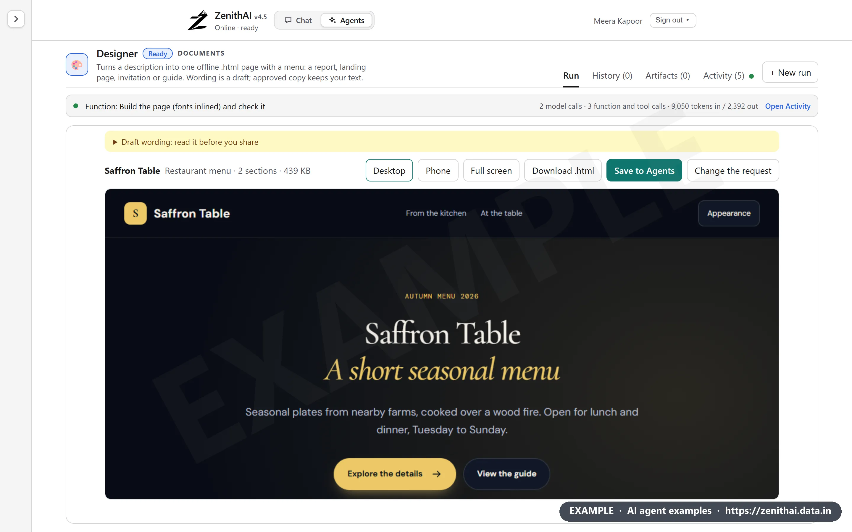 ZenithAI Designer showing a finished page for the restaurant Saffron Table, with Desktop, Phone, Download and Save buttons