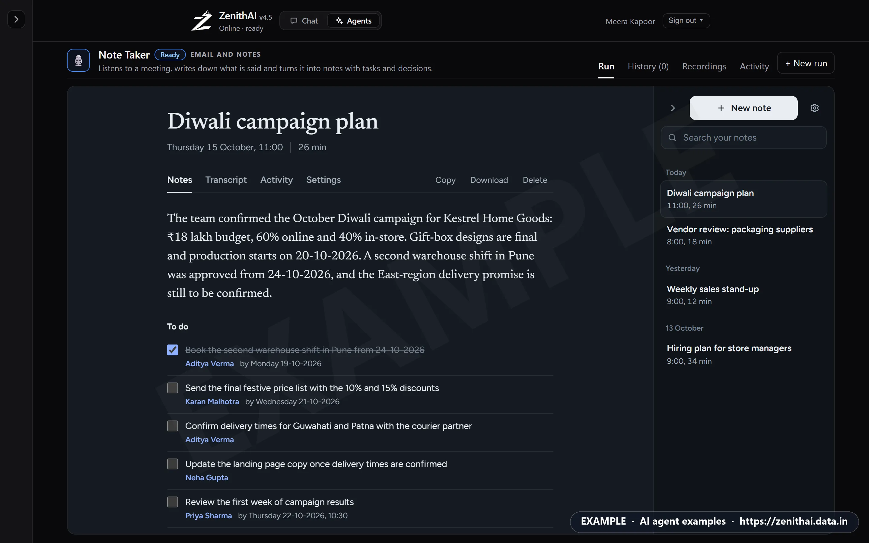 ZenithAI Note Taker showing notes for a Diwali campaign meeting: a summary and a to-do list with owners and due dates