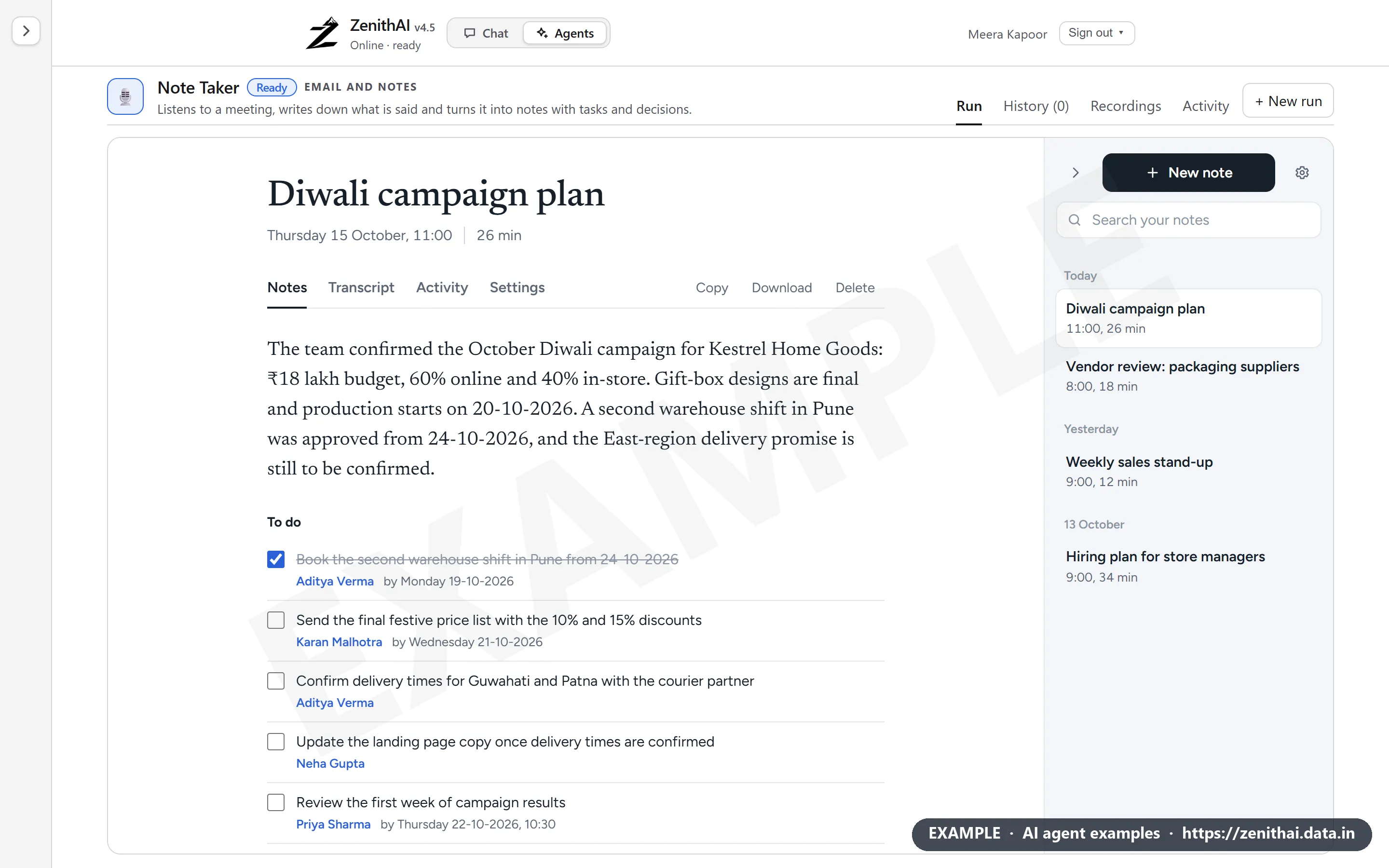 ZenithAI Note Taker showing notes for a Diwali campaign meeting: a summary and a to-do list with owners and due dates