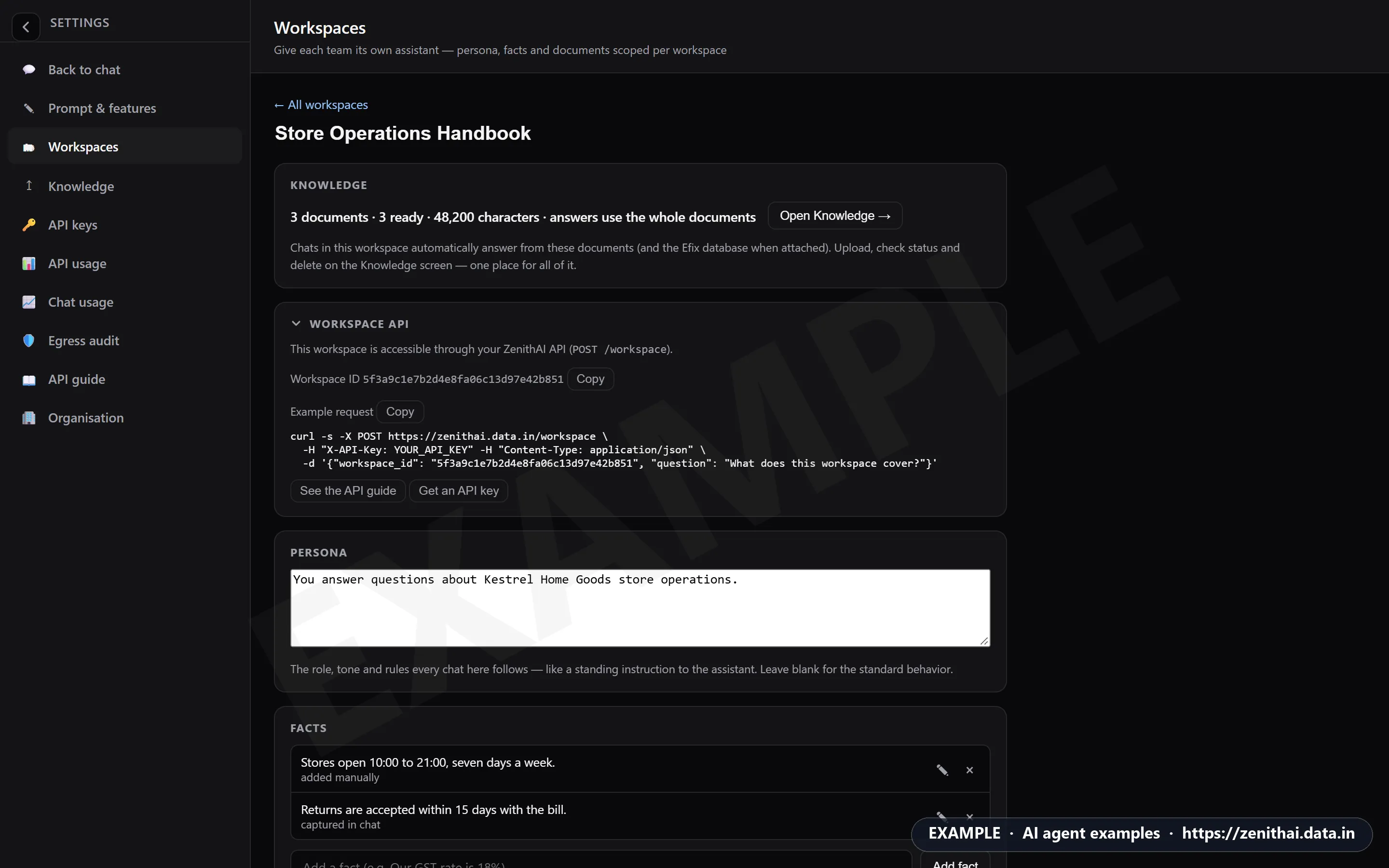 ZenithAI workspace settings with the Workspace API card: workspace ID, Copy buttons and an example curl request to POST /workspace