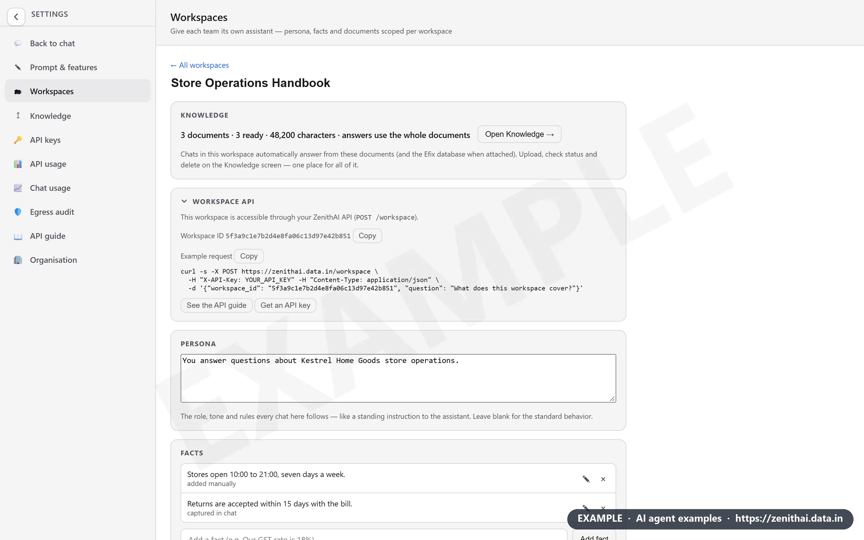 ZenithAI workspace settings with the Workspace API card: workspace ID, Copy buttons and an example curl request to POST /workspace